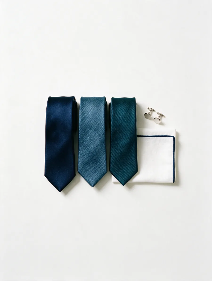 Silk ties in navy, slate, and teal beside a white pocket square and cufflinks.