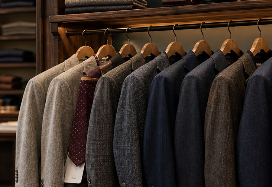 Tailored suits and sport coats hanging in Gabriel's Menswear.