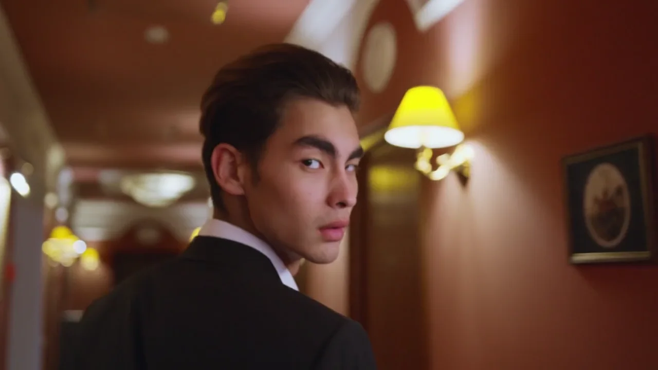 Illustrative young adult wearing a dark suit in architectural light