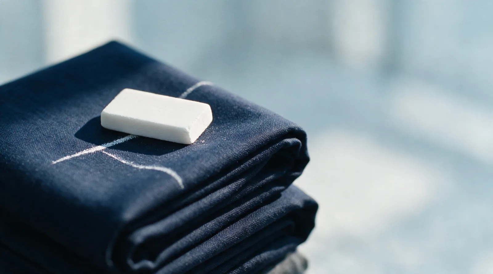 Tailor's chalk resting on folded navy suiting fabric, up close.
